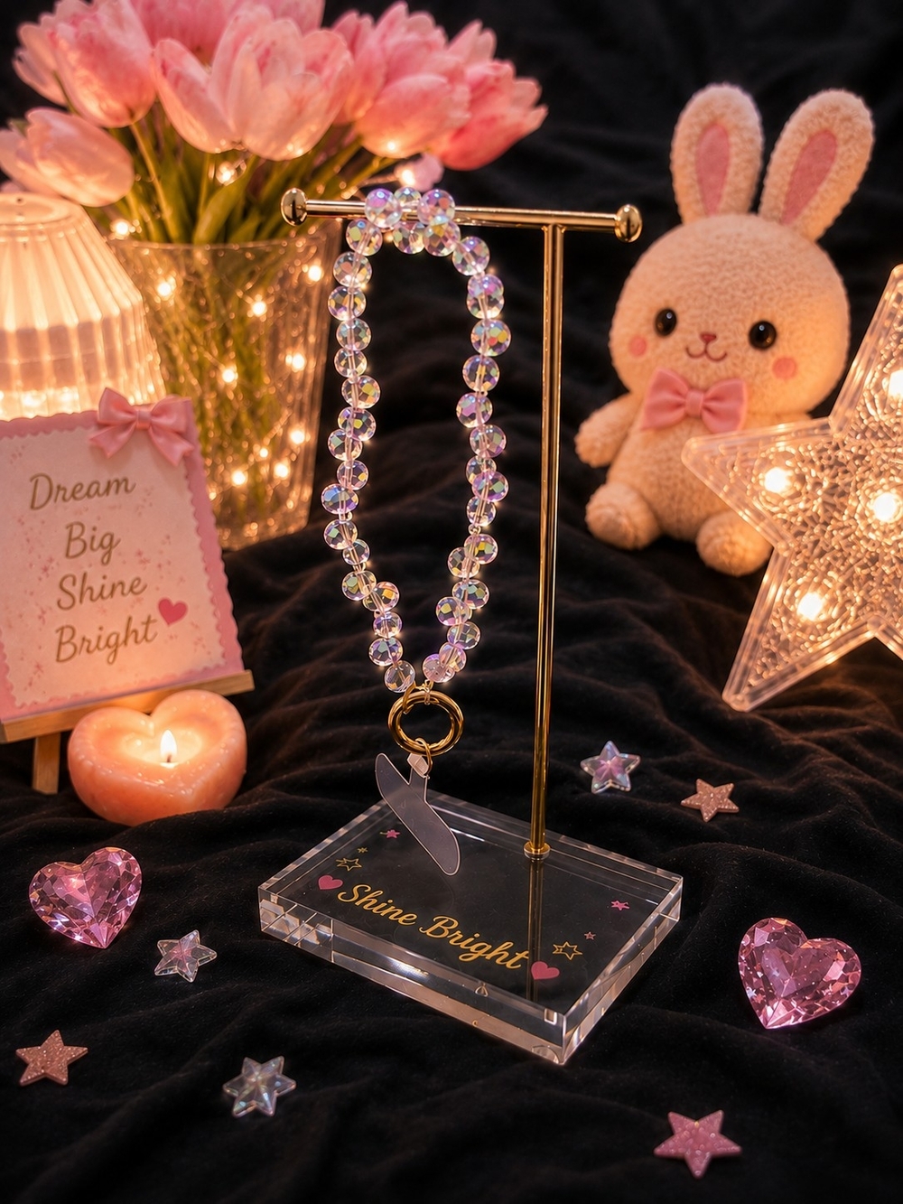 Sparkling  Beaded Phone Charm Wristlet - Iridescent Pink Accent